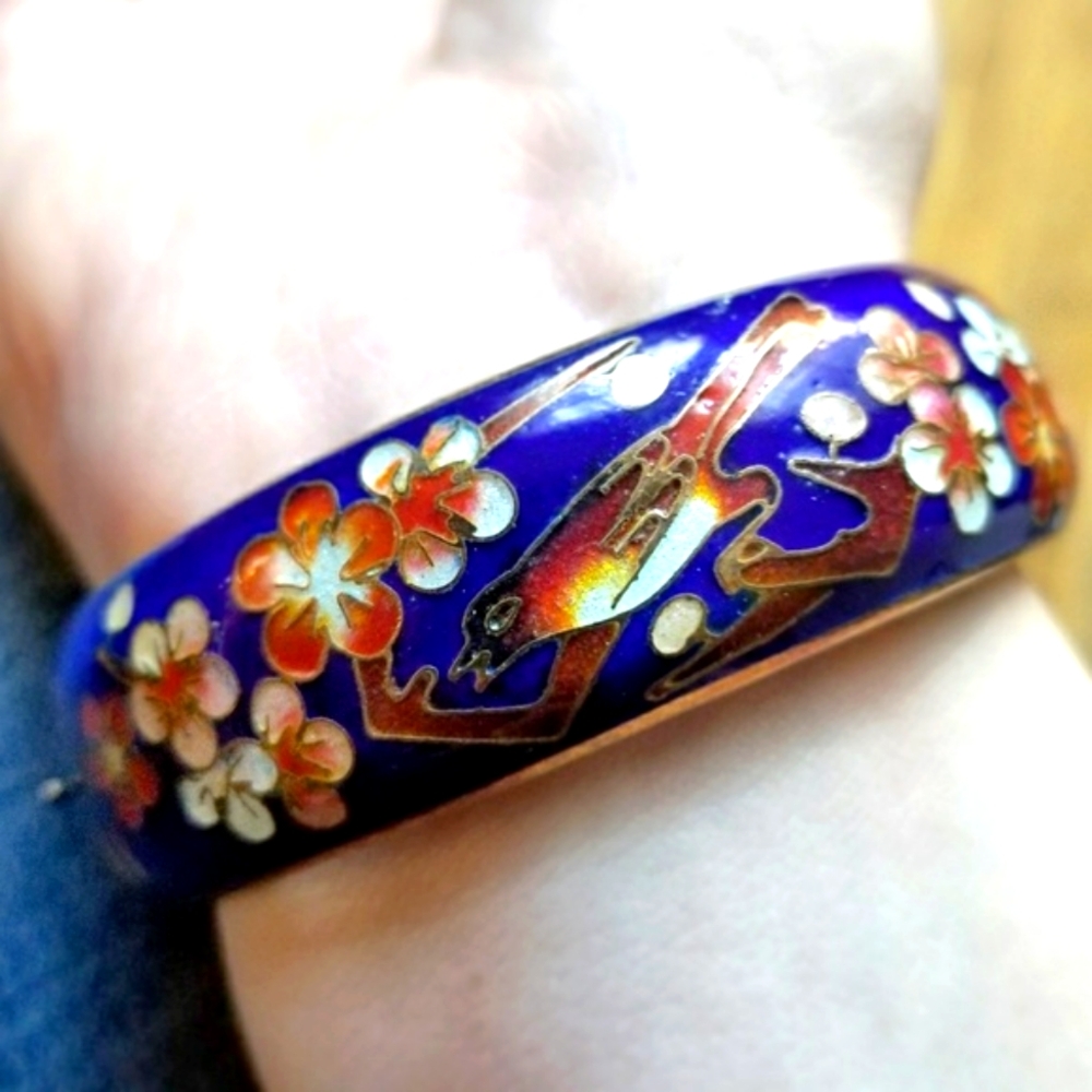 Vintage bracelet Cloisonne enamel bangle  blue bird floral cherry blossom